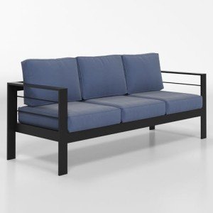 3-Seat Aluminum Outdoor Couch with Blue Cushions