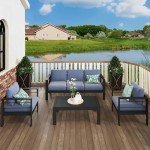 3-Seat Aluminum Outdoor Couch with Blue Cushions