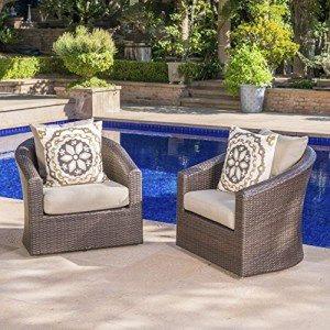 GDFStudio Set of 2 Brown Wicker Swivel Chairs