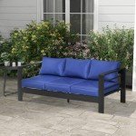 Modern Navy Blue 3-Seater Patio Sofa with Cushions