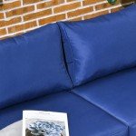 Modern Navy Blue 3-Seater Patio Sofa with Cushions