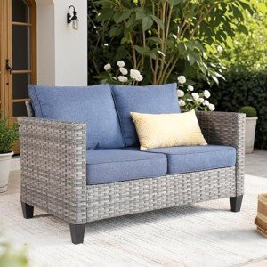 Denim Blue All-Weather Patio Wicker Loveseat
