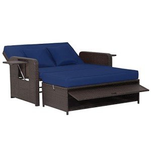 Tangkula Rattan Daybed Set with Ottoman and Cushions