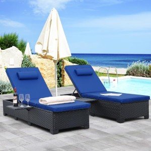 Set of 2 Adjustable Rattan Lounge Chairs with Cushions