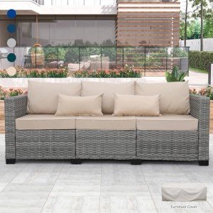 Grey Wicker 3-Seat Outdoor Sofa with Cushions