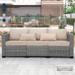 Grey Wicker 3-Seat Outdoor Sofa with Cushions