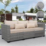 Grey Wicker 3-Seat Outdoor Sofa with Cushions