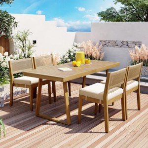 Wood Outdoor Dining Set for 4 with Cushions