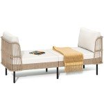Beige Oversized Wicker Outdoor Chaise Lounge Sofa