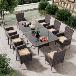 10-Piece Rattan Dining Set with Umbrella Cutout