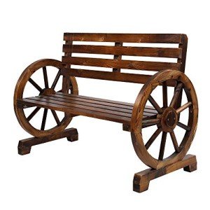 Rustic Wooden Garden Bench with Wagon Wheel Design