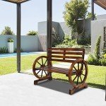 Rustic Wooden Garden Bench with Wagon Wheel Design