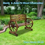 Rustic Wooden Garden Bench with Wagon Wheel Design