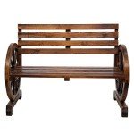 Rustic Wooden Garden Bench with Wagon Wheel Design