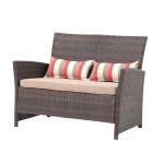 Sunsitt Brown Wicker Loveseat with Beige Cushions