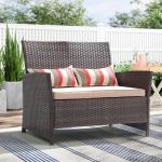 Sunsitt Brown Wicker Loveseat with Beige Cushions