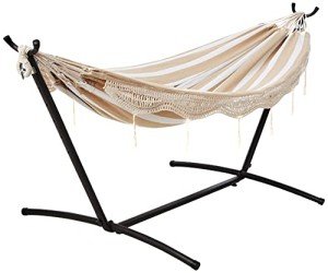 Beige Stripe Double Hammock with Steel Stand