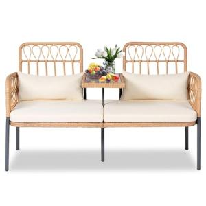 PROHIKER Outdoor Rattan Loveseat with Table & Cushions