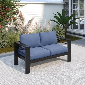 Blue Weather-Resistant Aluminum Loveseat for Patios