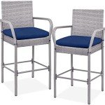 Set of 2 Gray Wicker Bar Stools with Cushions