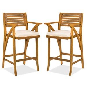 Acacia Wood Outdoor Bar Stools with Cushions - Set of 2