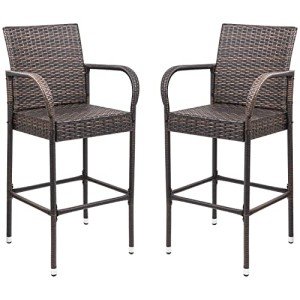 Set of 2 Brown Wicker Patio Bar Stools