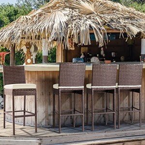 Set of 4 Beige Wicker Patio Bar Stools