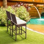 Set of 4 Beige Wicker Patio Bar Stools