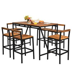 7-Piece Acacia Wood Patio Bar Set with Umbrella