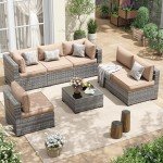 7-Piece Khaki Wicker Patio Sofa Set