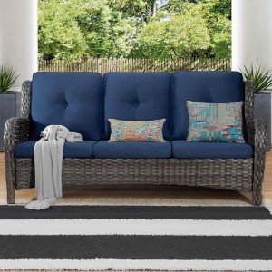 Navy Wicker 3-Seat Outdoor Patio Couch