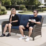 Navy Wicker 3-Seat Outdoor Patio Couch