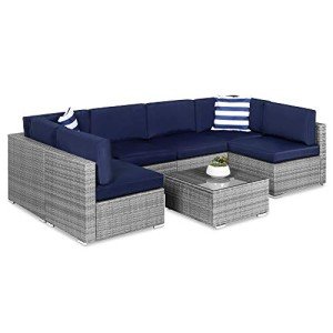7-Piece Modular Wicker Patio Conversation Set - Gray/Navy