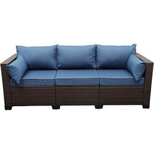 Blue Rattan 3-Seat Patio Wicker Sofa Set
