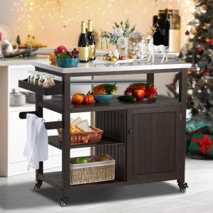 Rolling Outdoor Grill Table with Storage Cabinet