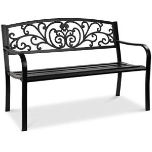 Steel Floral Design Outdoor Patio Bench - Black