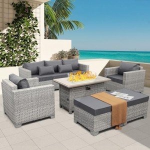 6-Piece Grey Wicker Patio Furniture Set with Fire Pit