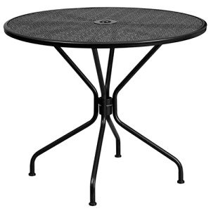 Black 35.25" Round Steel Patio Table with Umbrella