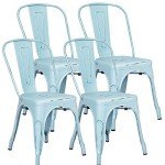 Set of 4 Stackable Distressed Blue Metal Dining Chairs