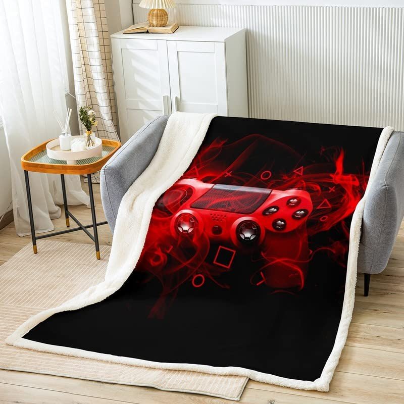 Soft Red Gamepad Sherpa Blanket for Gamers