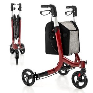 COSTWAY 3-Wheel Folding Rollator Walker - Red