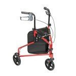 3-Wheel Steel Rollator Walker with Bag - Red