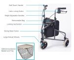 3-Wheel Steel Rollator Walker with Bag - Red