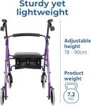 Lightweight Aluminum Four-Wheel Rollator in Purple
