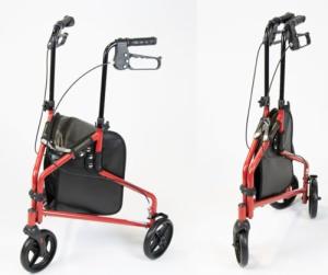 3-Wheel Steel Rollator Walker with Bag - Red