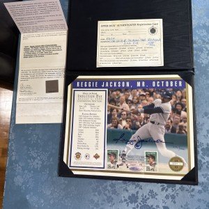 Reggie Jackson Autographed Photo with Lou Gehrig Stamps