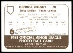 1981 TCMA George Wright Tulsa Drillers Card