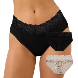 Pact Women's Lace Waist Panties, Organic Cotton Mid Waisted Underwear with High Cut Leg, 2 Pack, Black/Petal Patch Nickel