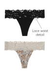 Pact Lace Thongs for Women, Organic Cotton T Back Panties, Breathable Stretch Low Rise Thong Underwear, 2 Pack, Black/Petal Patch Nickel - Large