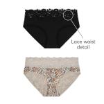 Pact Women's Lace Waist Panties, Organic Cotton Mid Waisted Underwear with High Cut Leg, 2 Pack, Black/Petal Patch Nickel